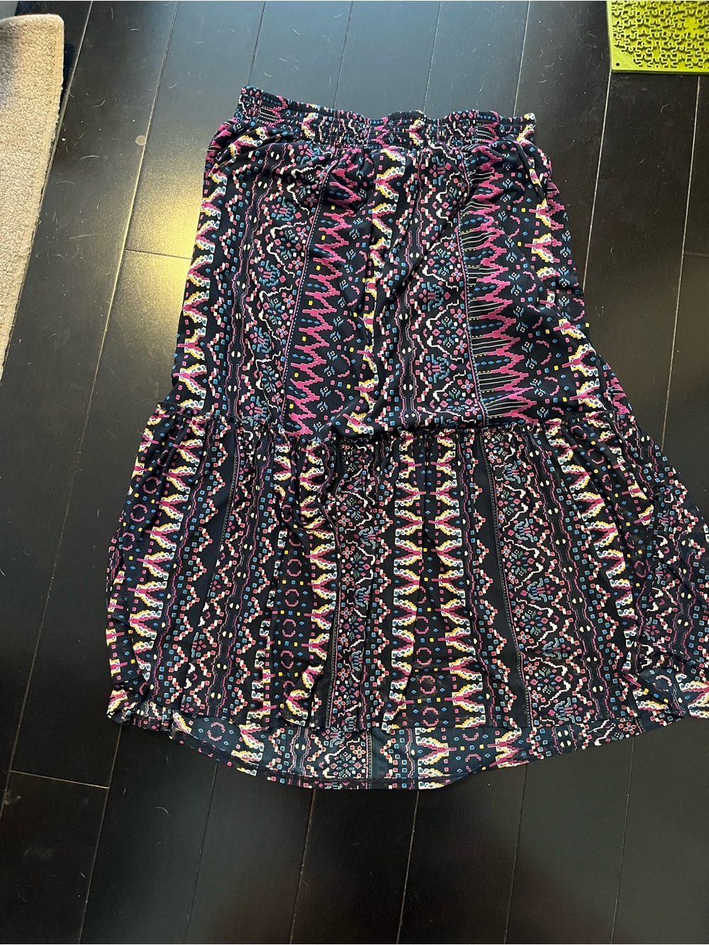 Wild Rose Navy Tiered Maxi Skirt with Pink and Yellow Pattern